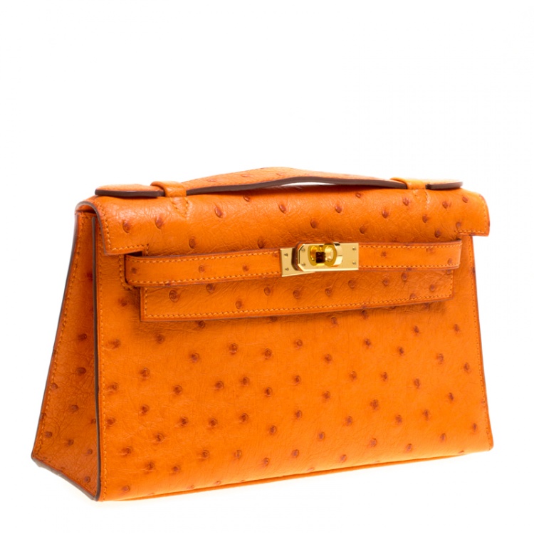 Pre Owned Hermes Capucine Ostrich Gold Hardware Kelly Pochette