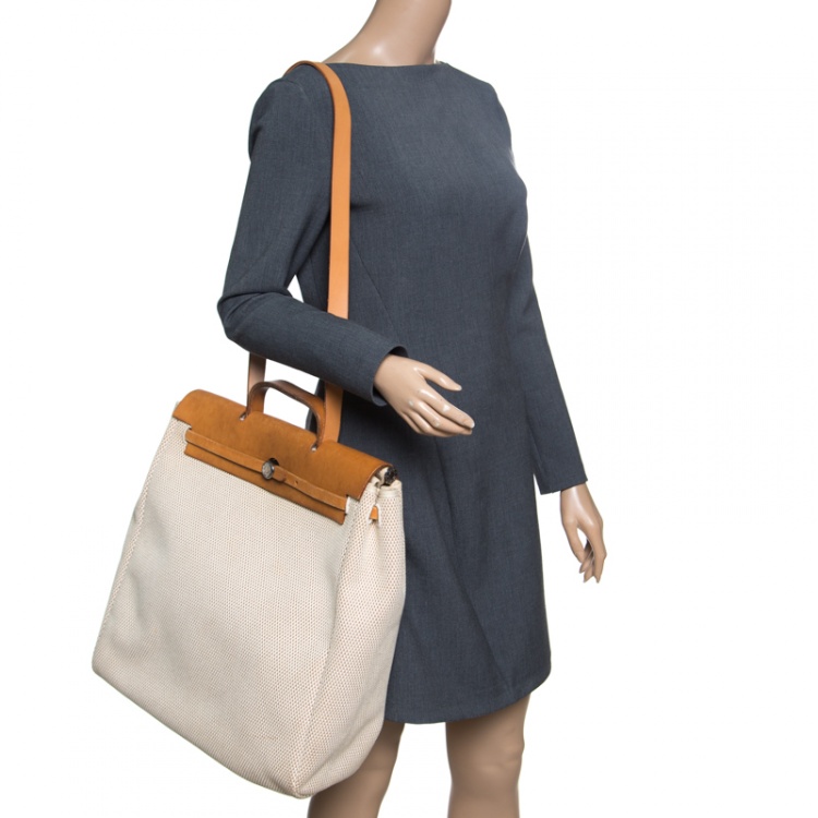 Pre Owned Hermes Dark Tan/Beige Leather and Canvas Herbag Zip 39 Bag