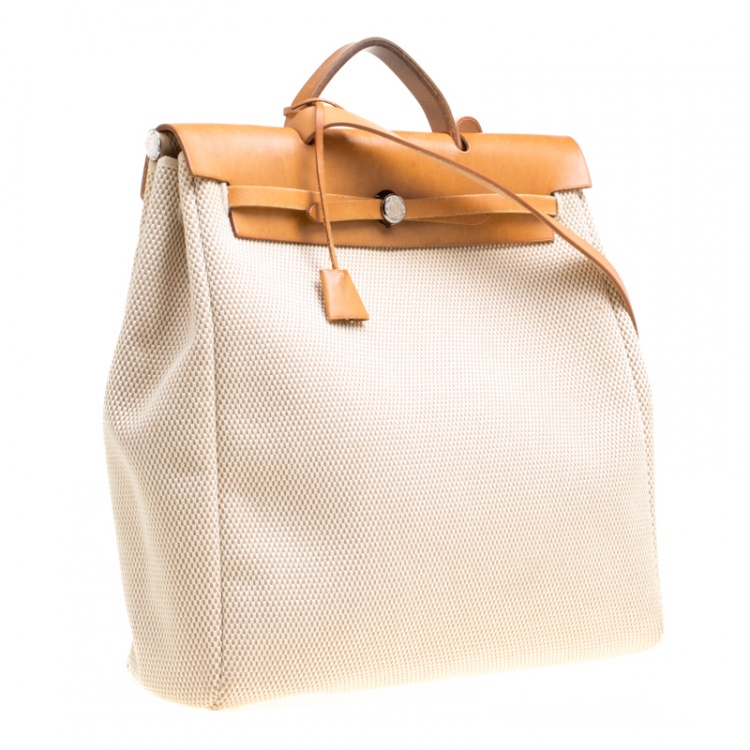 Pre Owned Hermes Dark Tan/Beige Leather and Canvas Herbag Zip 39 Bag