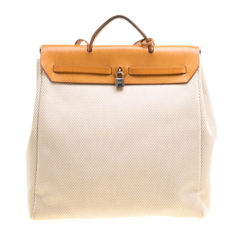 Pre Owned Hermes Dark Tan/Beige Leather and Canvas Herbag Zip 39 Bag