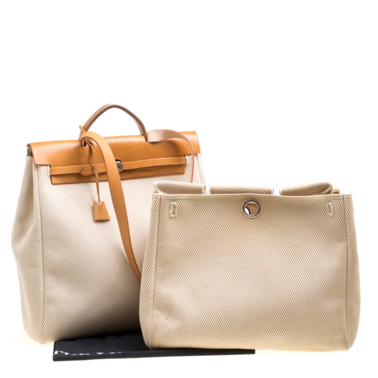 Pre Owned Hermes Dark Tan/Beige Leather and Canvas Herbag Zip 39 Bag