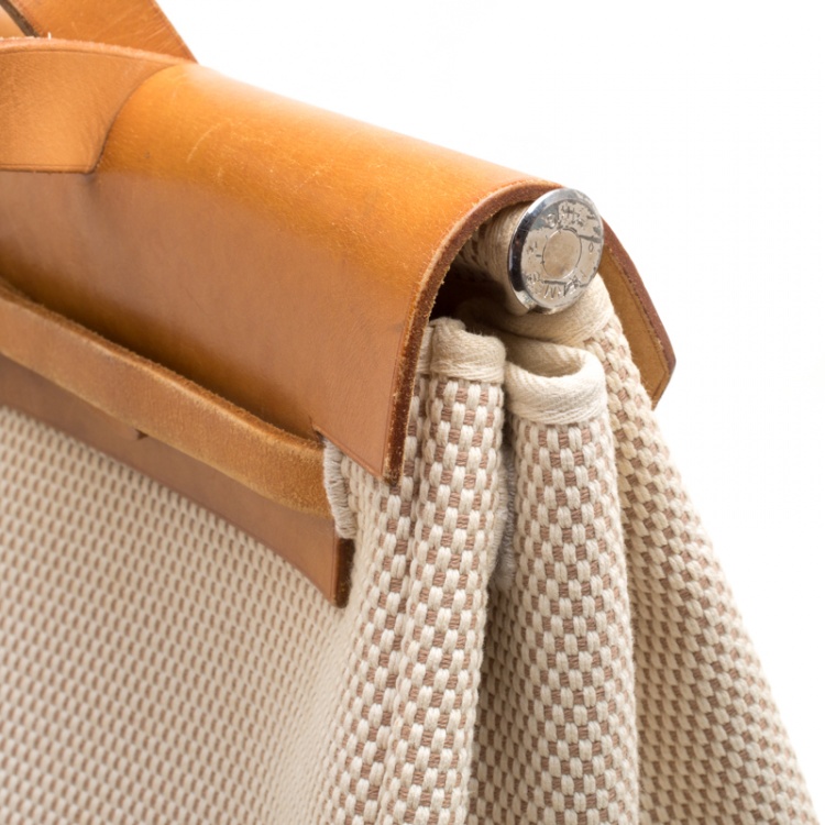 Pre Owned Hermes Dark Tan/Beige Leather and Canvas Herbag Zip 39 Bag