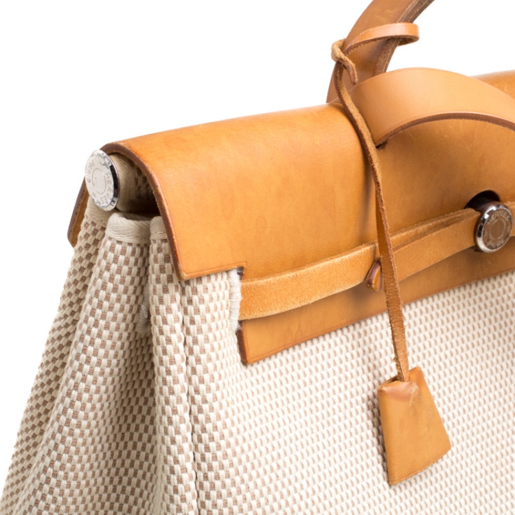 Pre Owned Hermes Dark Tan/Beige Leather and Canvas Herbag Zip 39 Bag