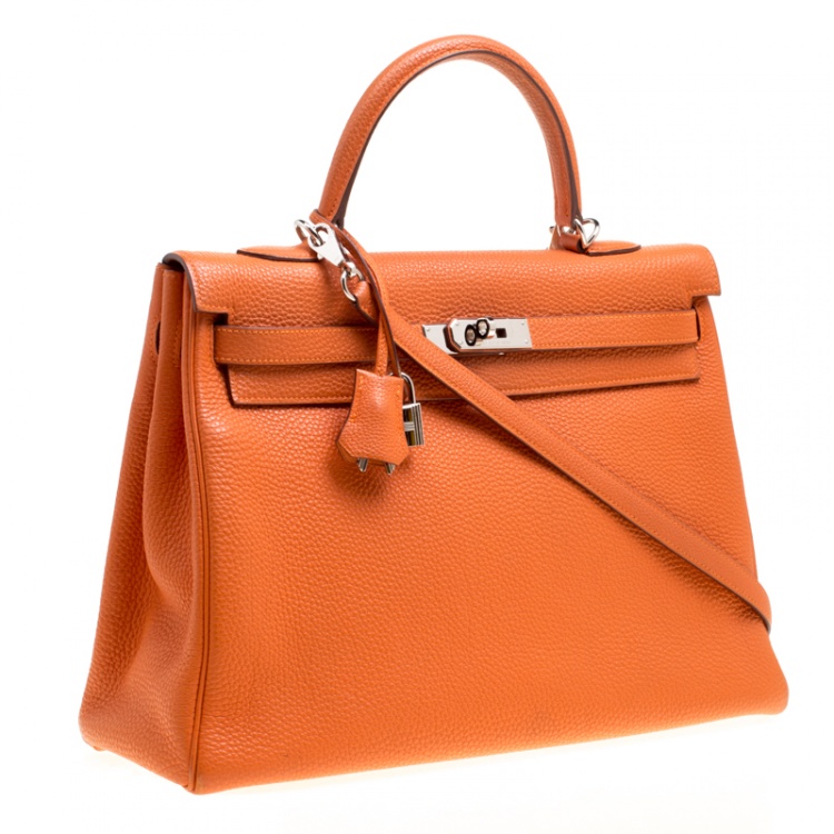 Pre Owned Hermes Orange Togo Leather Palladium Hardware Kelly Retourne 35 Bag