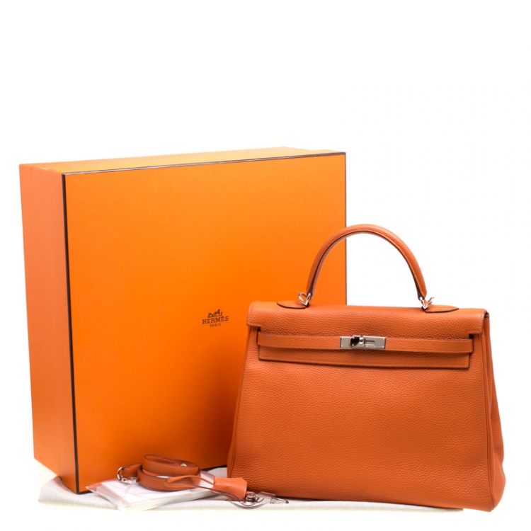 Pre Owned Hermes Orange Togo Leather Palladium Hardware Kelly Retourne 35 Bag