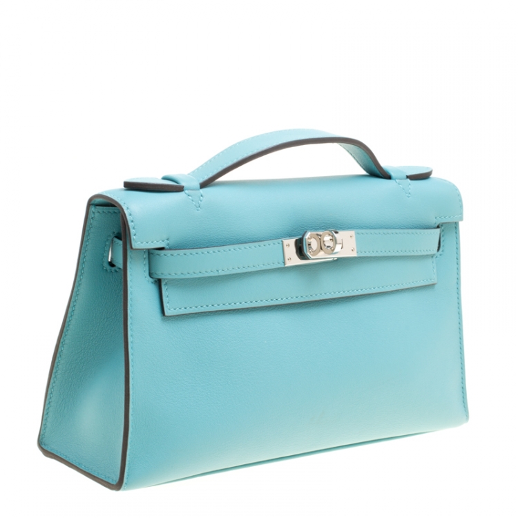 Pre Owned Hermes Teal Blue Swift Leather Palladium Hardware Kelly Pochette