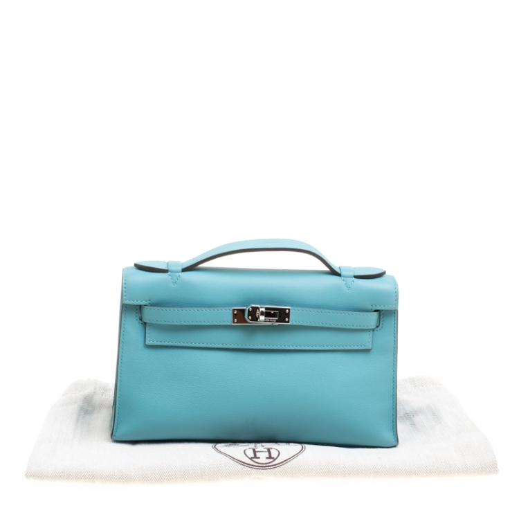 Pre Owned Hermes Teal Blue Swift Leather Palladium Hardware Kelly Pochette