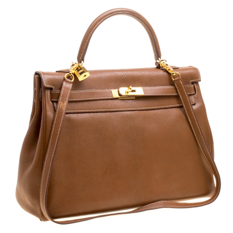 Pre Owned Hermes Gold Chevre de Coromandel Leather Gold Hardware Kelly Retourne 35 Bag