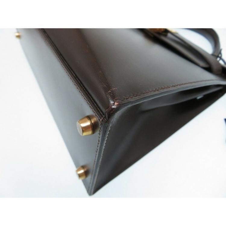 مملوكة مسبقًا Hermes Dark Brown Box Calf Leather Gold Hardware Kelly Sellier 28 Bag