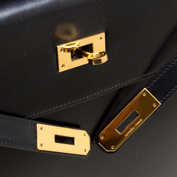 Pre Owned Hermes Black Box Calf Leather Gold Hardware Kelly Sellier 32 Bag