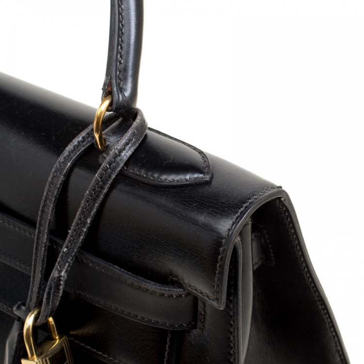 Pre Owned Hermes Black Box Calf Leather Gold Hardware Kelly Sellier 32 Bag