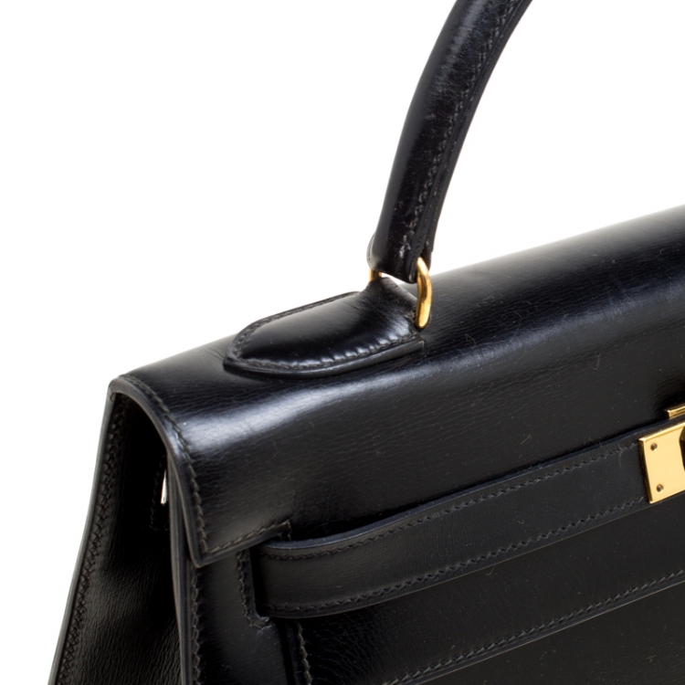 Pre Owned Hermes Black Box Calf Leather Gold Hardware Kelly Sellier 32 Bag