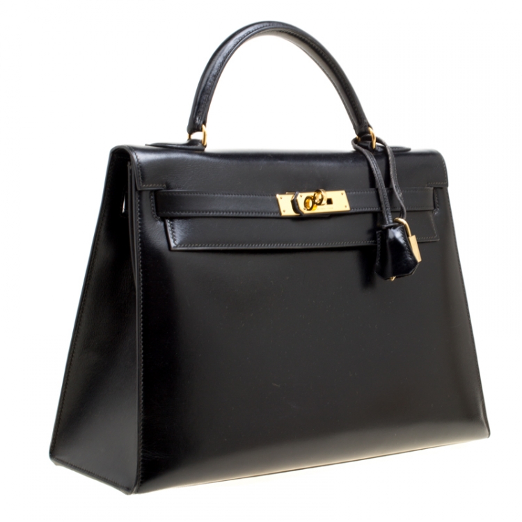 Pre Owned Hermes Black Box Calf Leather Gold Hardware Kelly Sellier 32 Bag
