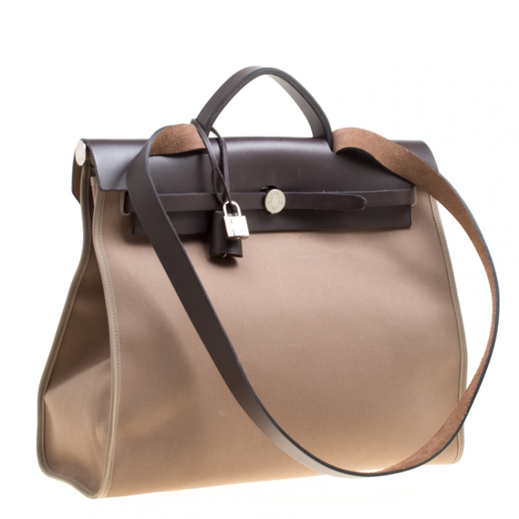 Pre Owned Hermes Taupe Canvas and Leather Herbag Zip 39 Bag