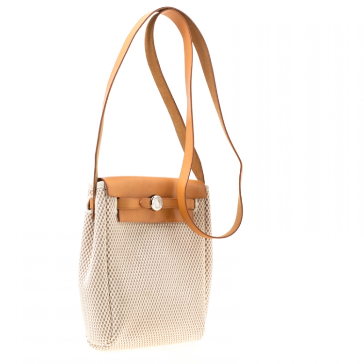 مملوكة مسبقًا Hermes Natural/Beige and Black Canvas and Leather Mini Herbag 