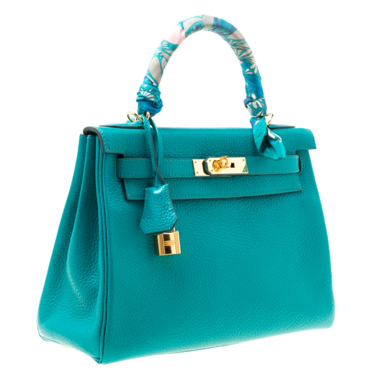 Pre Owned Hermes Blue Paon Clemence Leather Gold Hardware Kelly Retourne 28 Bag