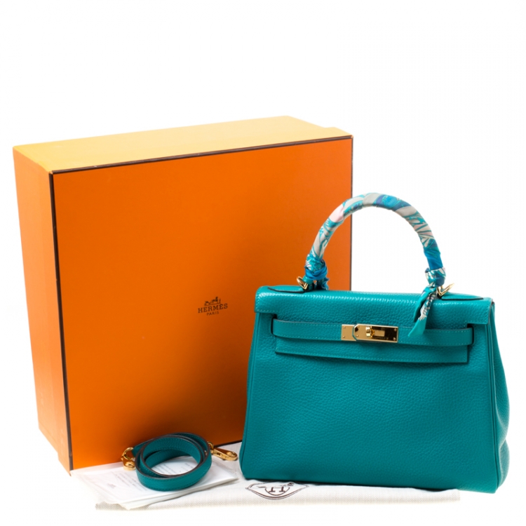 Pre Owned Hermes Blue Paon Clemence Leather Gold Hardware Kelly Retourne 28 Bag