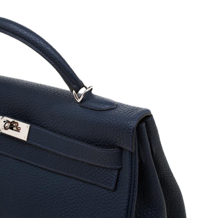 Pre Owned Hermes Bleu Obscur Clemence Leather Palladium Hardware Kelly Retourne 40 Bag