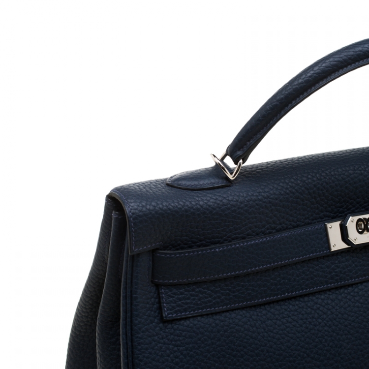 Pre Owned Hermes Bleu Obscur Clemence Leather Palladium Hardware Kelly Retourne 40 Bag