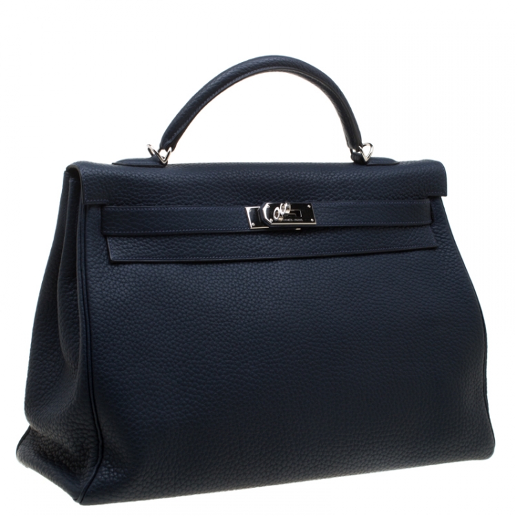 Pre Owned Hermes Bleu Obscur Clemence Leather Palladium Hardware Kelly Retourne 40 Bag