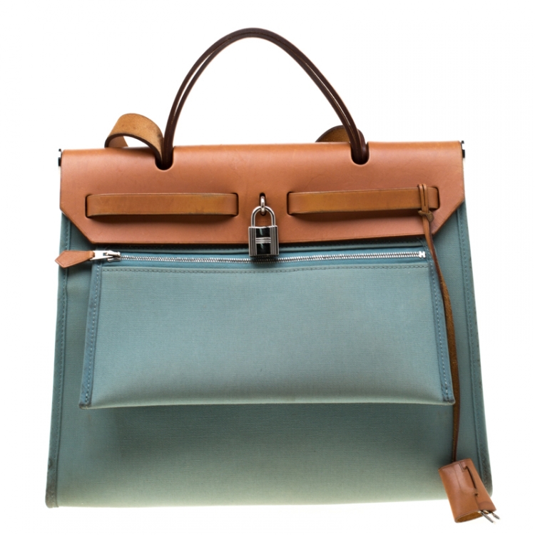 Pre Owned Hermes Light Blue/Brown Canvas and Leather Herbag Zip 31 Bag