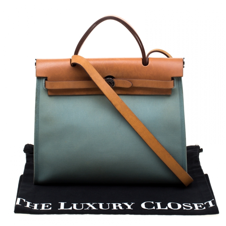Pre Owned Hermes Light Blue/Brown Canvas and Leather Herbag Zip 31 Bag