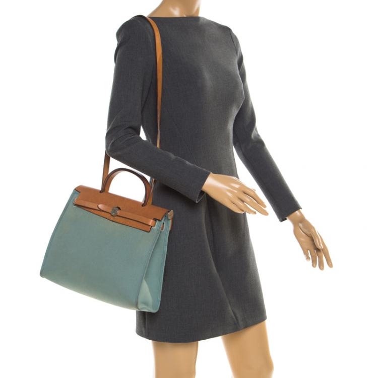 Pre Owned Hermes Light Blue/Brown Canvas and Leather Herbag Zip 31 Bag