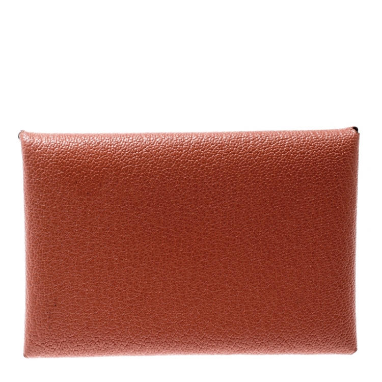 Pre Owned Hermes Chevre Mysore Rose Tea  Leather Calvi Card Holder