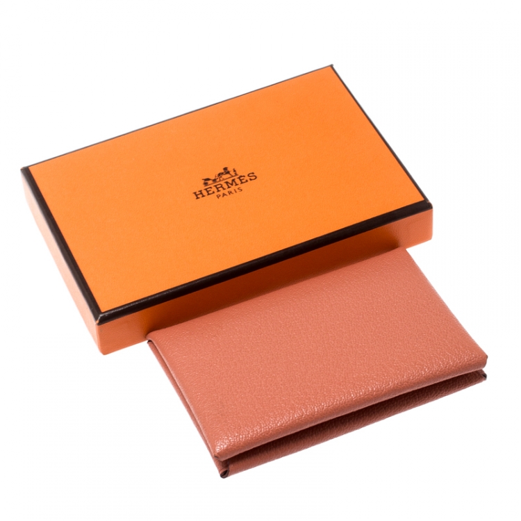 Pre Owned Hermes Chevre Mysore Rose Tea  Leather Calvi Card Holder