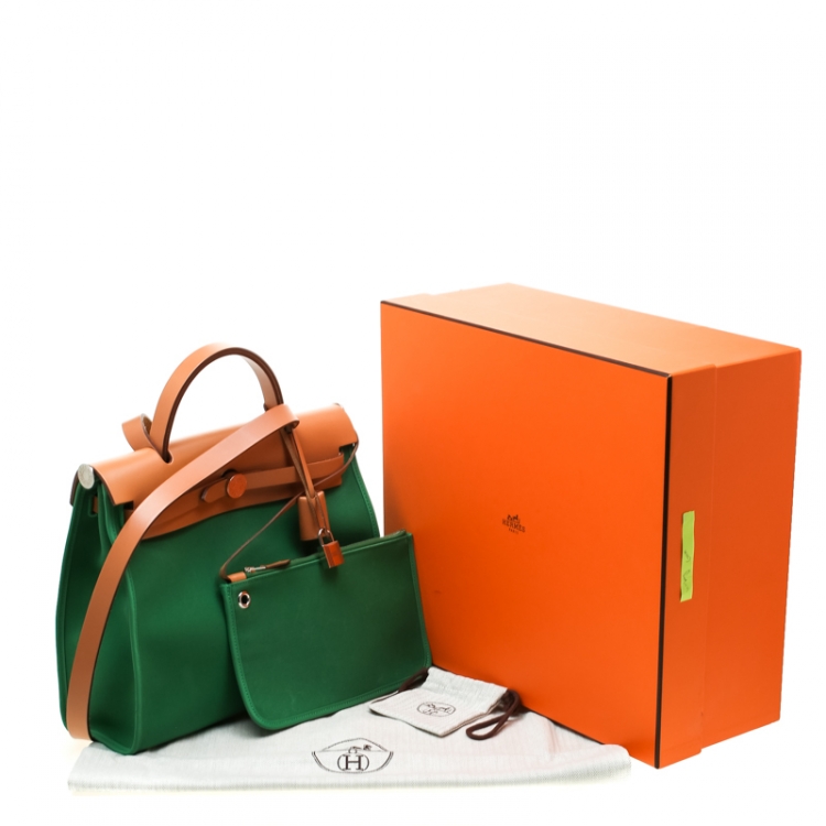 Pre Owned Hermes Green/Brown Canvas and Leather Herbag Zip 31 Bag