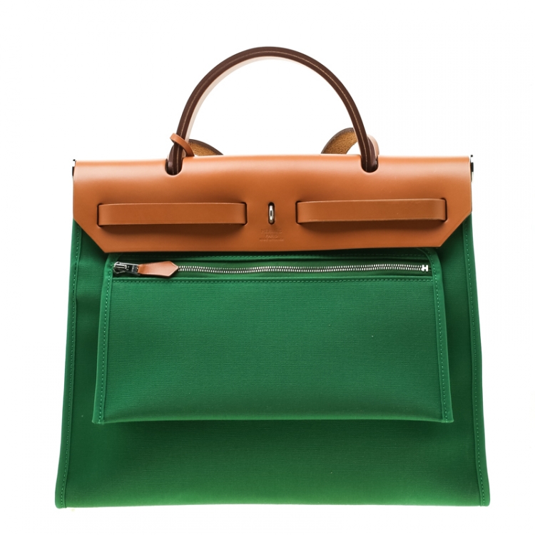 Pre Owned Hermes Green/Brown Canvas and Leather Herbag Zip 31 Bag
