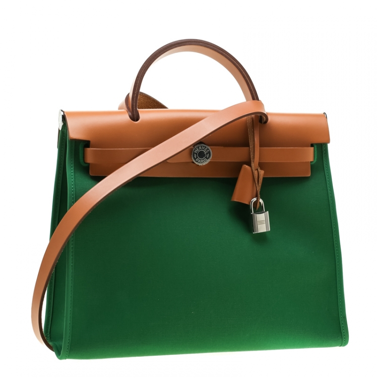 Pre Owned Hermes Green/Brown Canvas and Leather Herbag Zip 31 Bag
