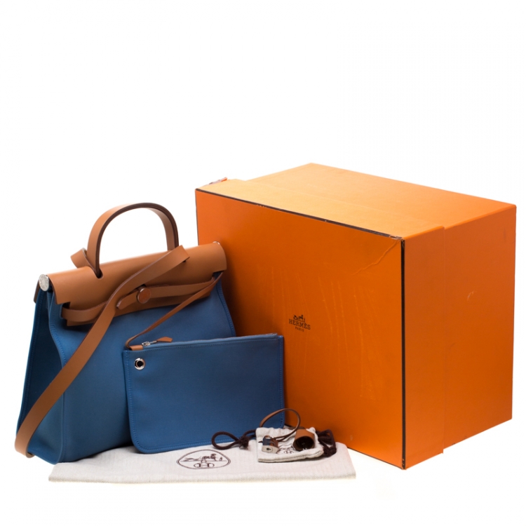 Pre Owned Hermes Blue/Brown Canvas and Leather Herbag Zip 31 Bag