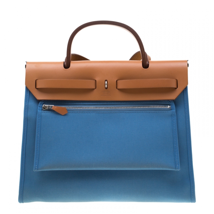 Pre Owned Hermes Blue/Brown Canvas and Leather Herbag Zip 31 Bag