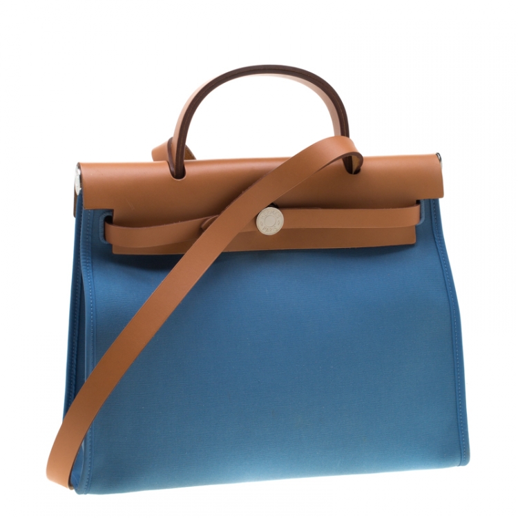 Pre Owned Hermes Blue/Brown Canvas and Leather Herbag Zip 31 Bag