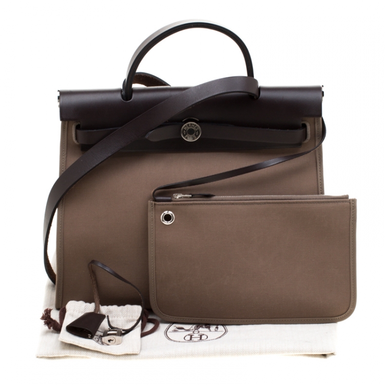 Pre Owned Hermes Dark Taupe/Dark Brown Fabric and Leather Herbag Zip 31 Bag
