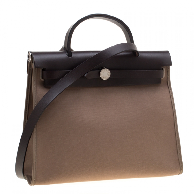 Pre Owned Hermes Dark Taupe/Dark Brown Fabric and Leather Herbag Zip 31 Bag