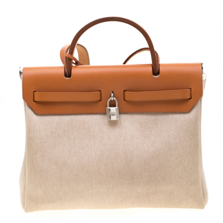 Pre Owned Hermes Beige/Tan Canvas and Leather Herbag Zip 31 Bag