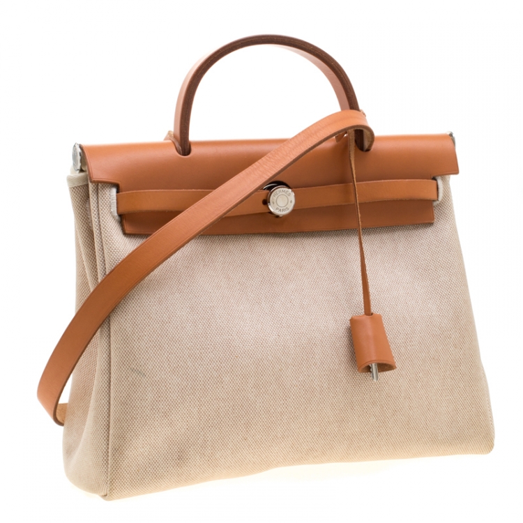 Pre Owned Hermes Beige/Tan Canvas and Leather Herbag Zip 31 Bag