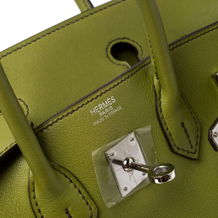 Pre Owned Hermes Apple Green Swift Leather Palladium Plated Birkin 25 Bag