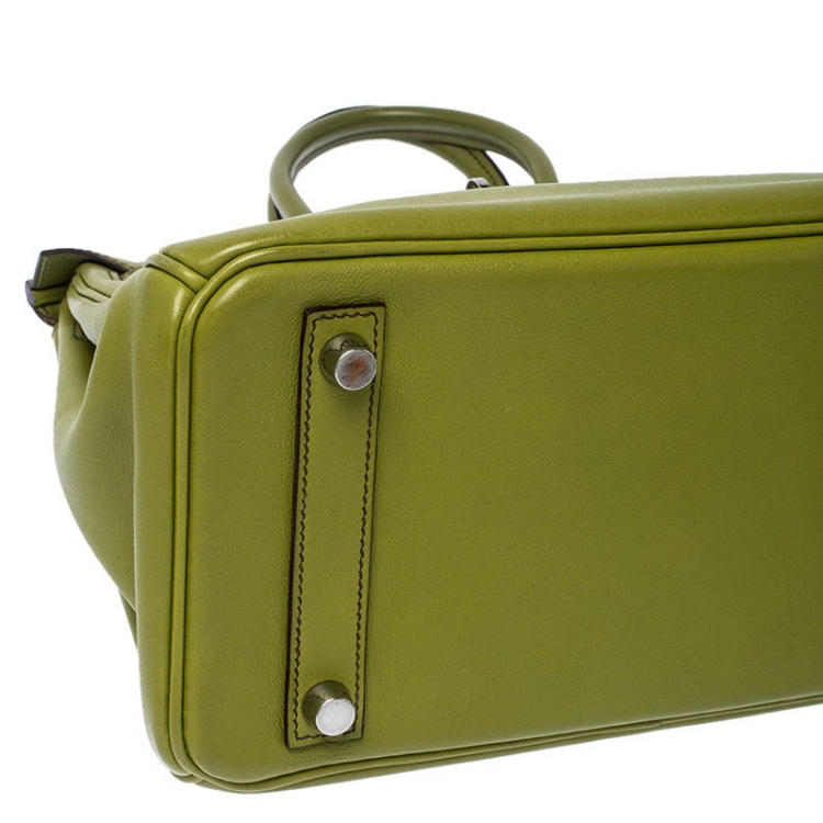 Pre Owned Hermes Apple Green Swift Leather Palladium Plated Birkin 25 Bag