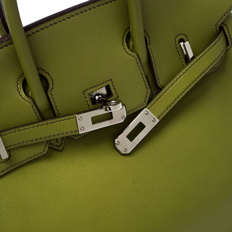 Pre Owned Hermes Apple Green Swift Leather Palladium Plated Birkin 25 Bag