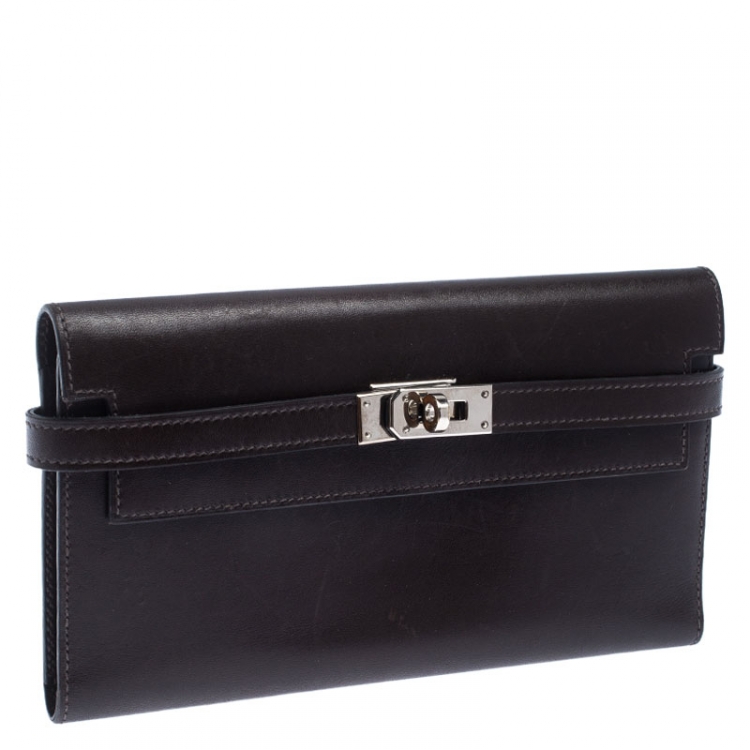 Pre Owned Hermes Chocolat Boxcalf Leather Long Kelly Wallet
