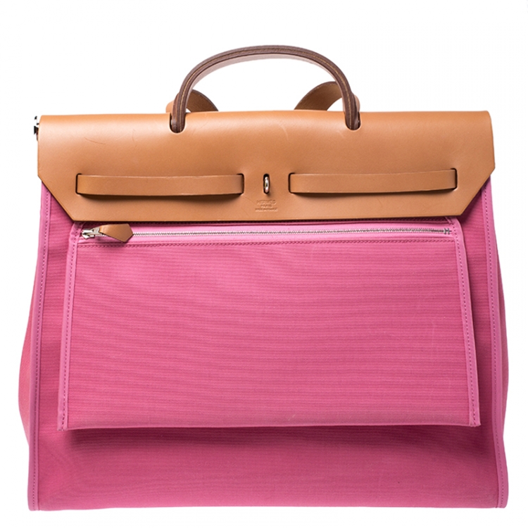 Pre Owned Hermes Rose Lipstick/Natural Canvas and Leather Herbag Zip 39 Bag