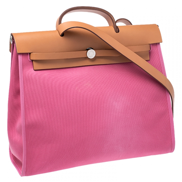 Pre Owned Hermes Rose Lipstick/Natural Canvas and Leather Herbag Zip 39 Bag