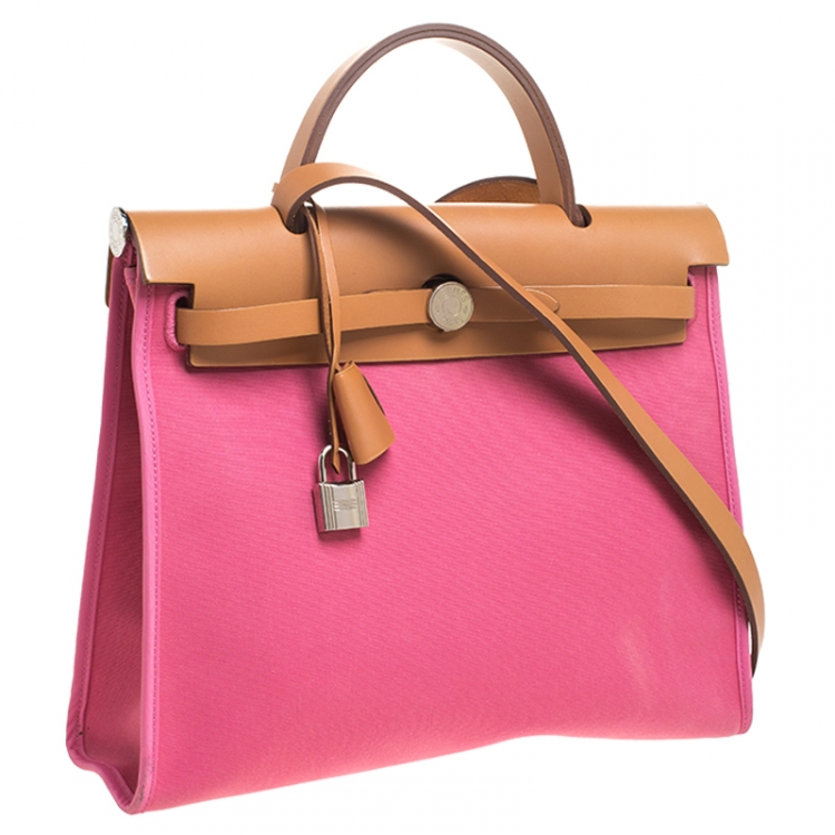 مملوكة مسبقًا Hermes Rose Lipstick/Natural Canvas and Leather Herbag Zip 31 Bag