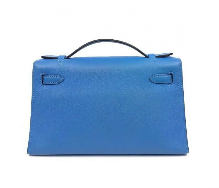 Pre Owned Hermes Blue Box Leather Palladium Hardware Kelly Pochette Bag
