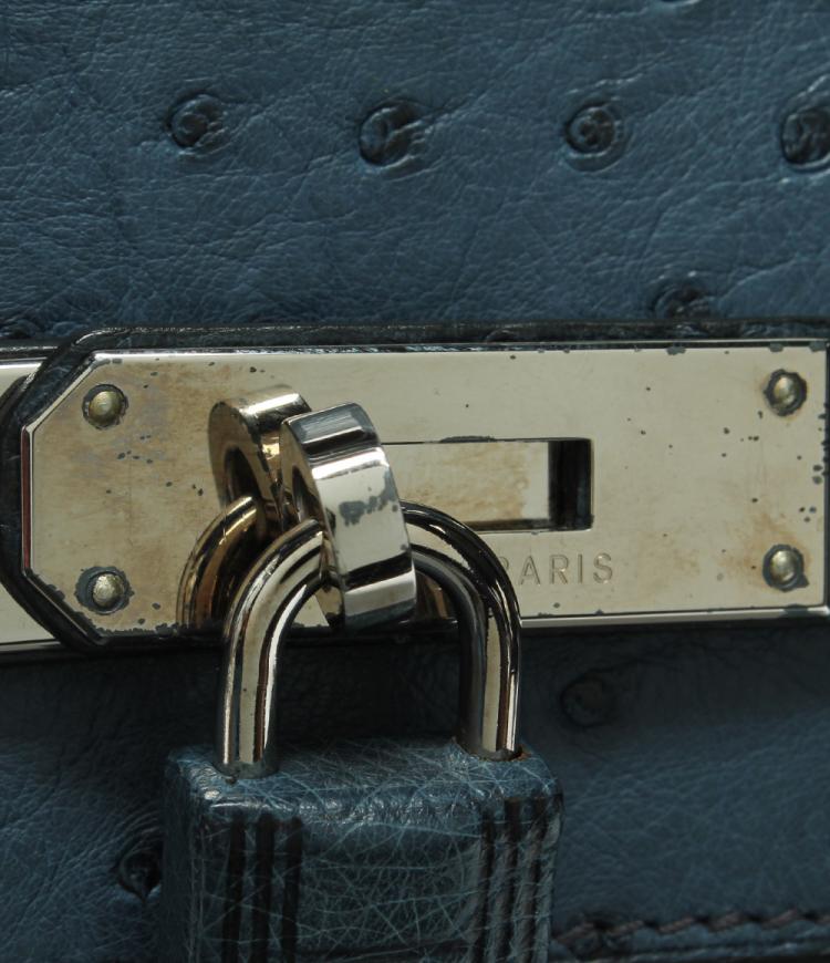 Pre Owned Hermes Blue Ostrich Leather Palladium Hardware Birkin 35 Bag