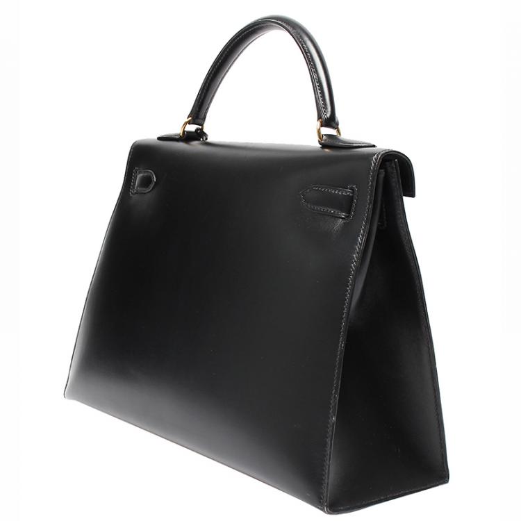 Pre Owned Hermes Black Box Calf Leather Gold Hardware Kelly 32 Bag