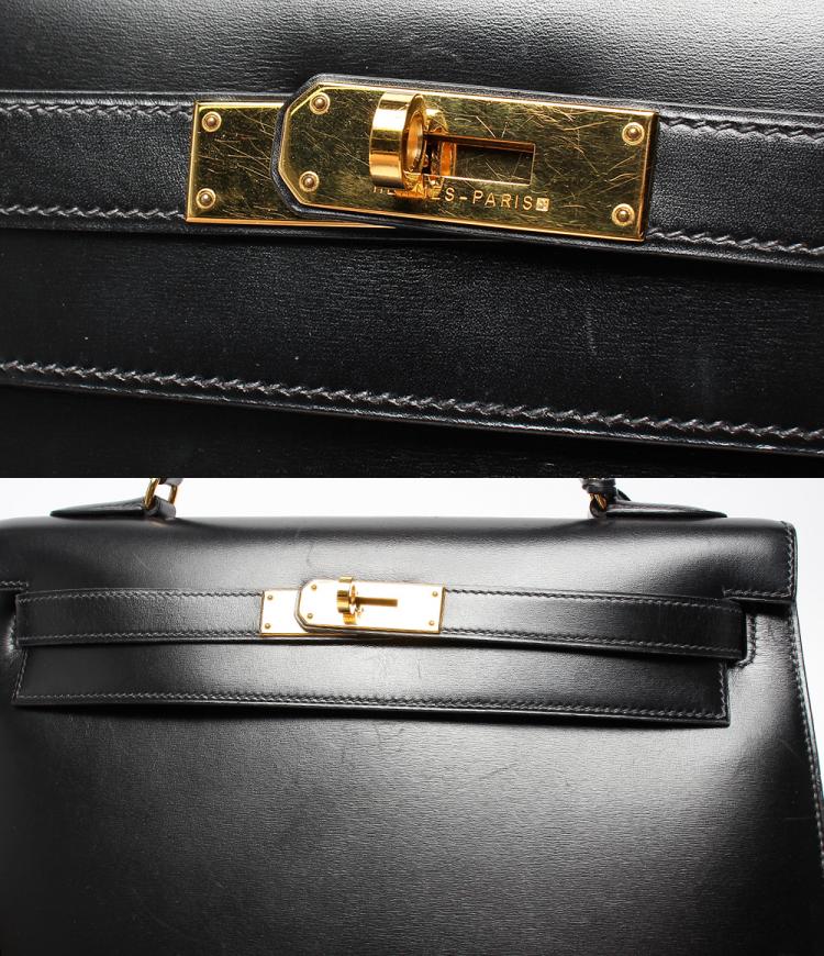 Pre Owned Hermes Black Box Calf Leather Gold Hardware Kelly 32 Bag